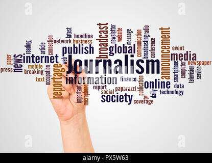 Journalism   word cloud and hand with marker  concept on white background. Stock Photo