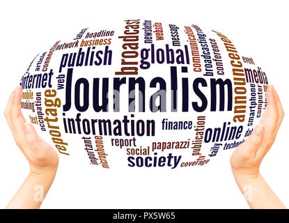 Journalism word cloud hand sphere concept on white background. Stock Photo