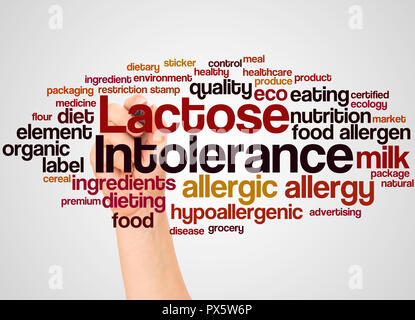 Lactose intolerance word cloud and hand with marker concept on white background. Stock Photo