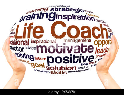 Life Coach word cloud hand sphere concept on white background. Stock Photo