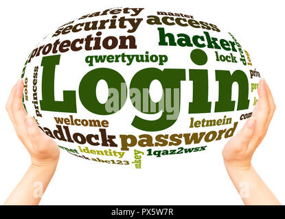 Login word cloud hand sphere concept on white background. Stock Photo
