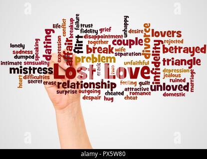 Lost Love word cloud and hand with marker concept on white background. Stock Photo