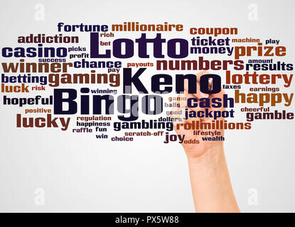 Lotto Bingo Keno word cloud and hand with marker concept on white background. Stock Photo