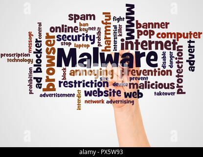 Malware word cloud and hand with marker concept on white background. Stock Photo