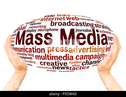 Mass Media word cloud hand sphere concept on white background. Stock Photo