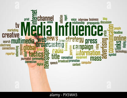 Media Influence word cloud and hand with marker concept on white background. Stock Photo