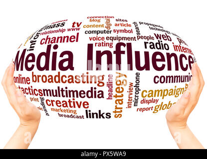 Media Influence word cloud hand sphere concept on white background. Stock Photo