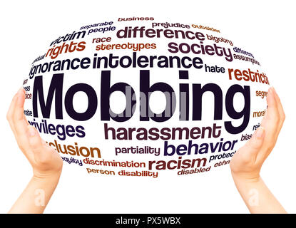 Mobbing, word cloud hand sphere concept on white background. Stock Photo