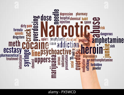 Narcotic word cloud and hand with marker concept on white background. Stock Photo
