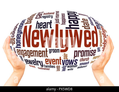 Newlywed word cloud hand sphere concept on white background. Stock Photo
