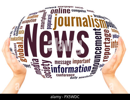 News, word cloud hand sphere concept on white background. Stock Photo