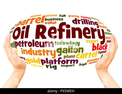 Oil Refinery word cloud hand sphere concept on white background. Stock Photo