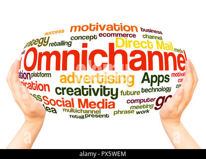 Omnichannel word cloud hand sphere concept on white background. Stock Photo