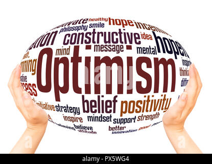 Optimism word cloud hand sphere concept on white background. Stock Photo