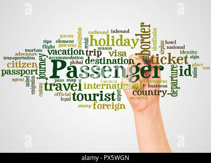 Passenger word cloud and hand with marker  concept on white background. Stock Photo