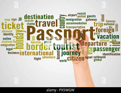 Passport word cloud and hand with marker concept on white background. Stock Photo