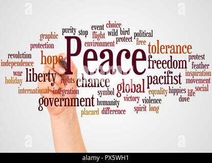 Peace word cloud and hand with marker concept on gradient background. Stock Photo