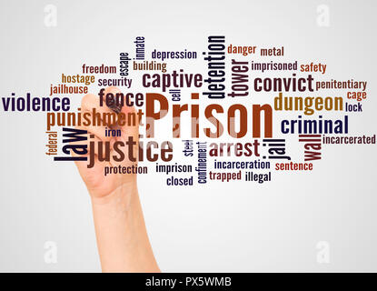 Prison word cloud and hand with marker concept on white background. Stock Photo