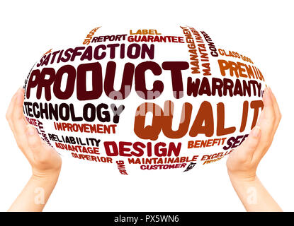 Product Quality word cloud hand sphere concept on white background. Stock Photo