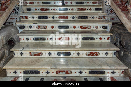 interior of the Cathedral of Cagliari.The flooring consists in slabs of inlaid polychrome marble. Stock Photo