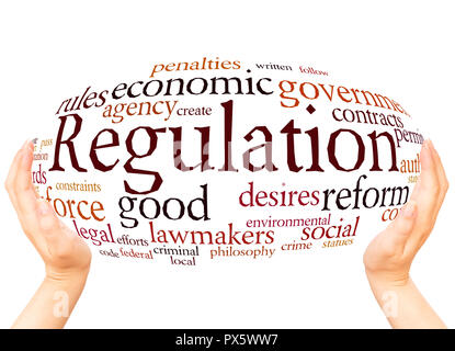 Regulation, word cloud hand sphere concept on white background. Stock Photo