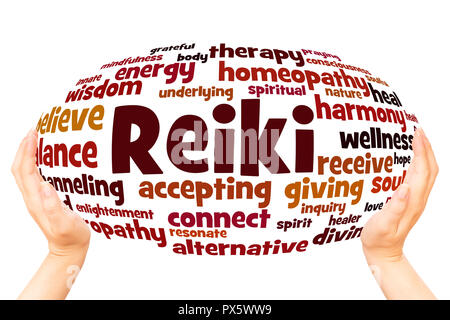 Reiki word cloud hand sphere concept on white background. Stock Photo