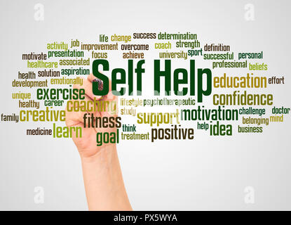 Self Help word cloud and hand with marker concept on white background. Stock Photo