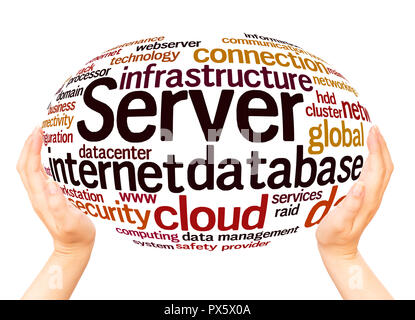 Server word cloud hand sphere concept on white background. Stock Photo