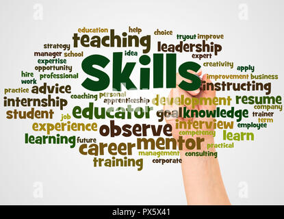 Skills word cloud and hand with marker concept on white background. Stock Photo