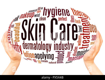 Skin care word cloud hand sphere concept on white background. Stock Photo
