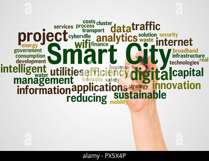 Smart City word cloud and hand with marker concept on white background. Stock Photo