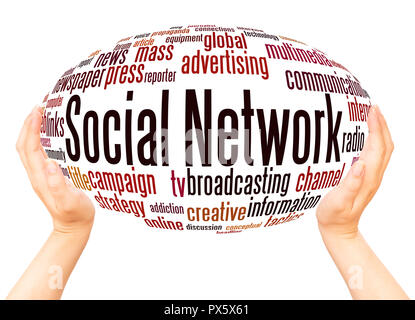 Social Network word cloud hand sphere concept on white background. Stock Photo