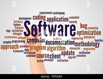 Software word cloud and hand with marker concept on gradient  background. Stock Photo