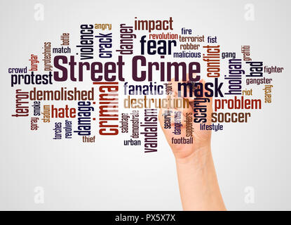 Street Crime word cloud and hand with marker concept on white background. Stock Photo