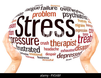 Stress word cloud hand sphere concept on white background. Stock Photo