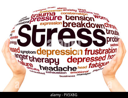 Stress word cloud hand sphere concept on white background. Stock Photo