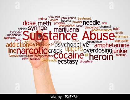 Substance Abuse and hand with marker word cloud concept on white background. Stock Photo