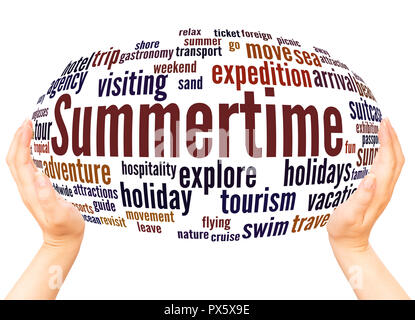 Summertime word cloud hand sphere concept on white background. Stock Photo