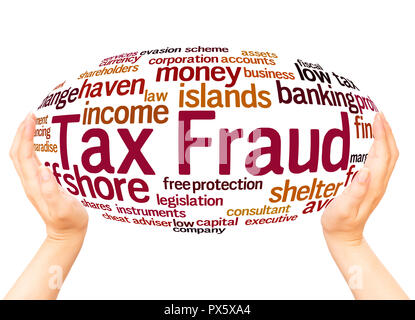 Tax fraud word cloud hand sphere concept on white background. Stock Photo