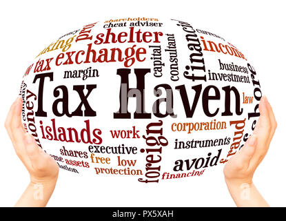 Tax Haven word cloud hand sphere concept on white background. Stock Photo