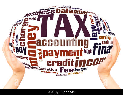 TAX word cloud hand sphere concept on white background. Stock Photo