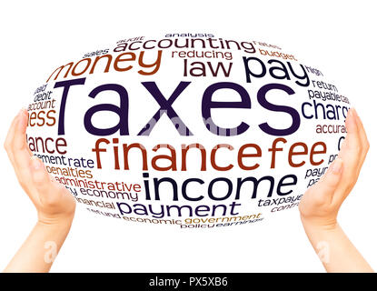 Taxes word cloud hand sphere concept on white background. Stock Photo