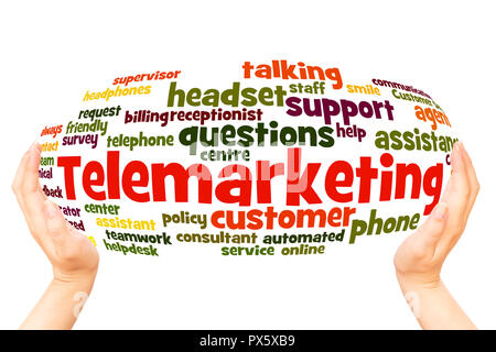 Telemarketing word cloud hand sphere concept on white background. Stock Photo