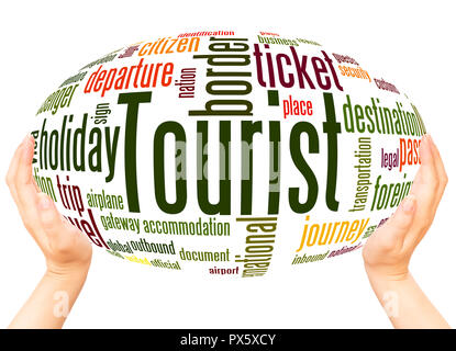 Tourist word cloud hand sphere concept on white background. Stock Photo