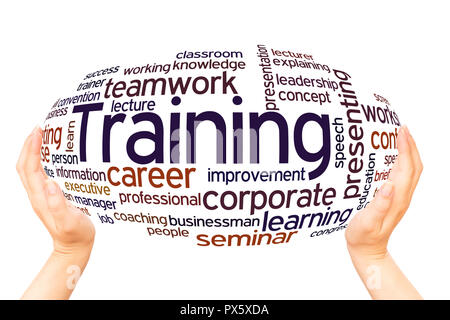 Training word cloud hand sphere concept on white background. Stock Photo