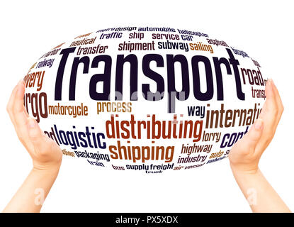 Transport word cloud hand sphere hand sphere concept on white background. Stock Photo