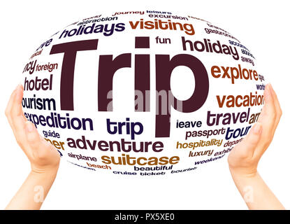 Trip word cloud hand sphere concept on white background. Stock Photo