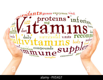 Vitamins word cloud hand sphere concept on white background. Stock Photo