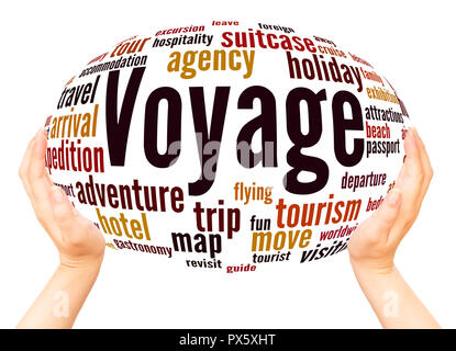 Voyage word cloud hand sphere concept on white background. Stock Photo