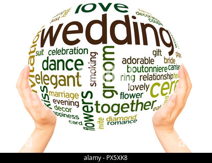 Wedding word cloud hand sphere concept on white background. Stock Photo